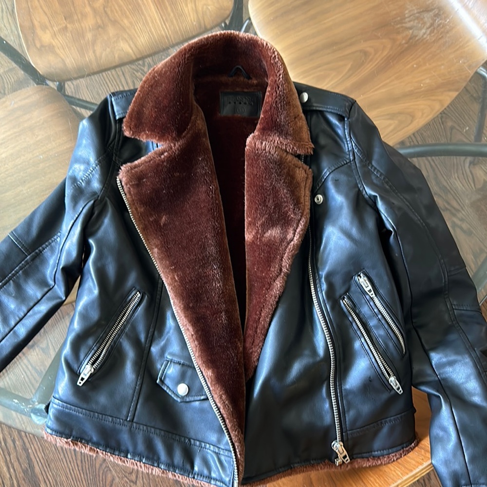 Blank NYC brand vegan leather fur lined biker jacket.